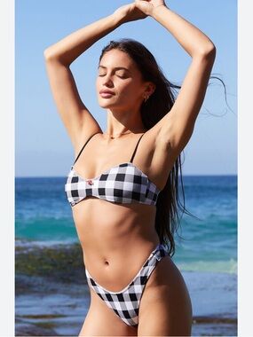 NEW Pacsun Black Gingham Plaid Peony Bralette High Cut Bottoms Bikini Set